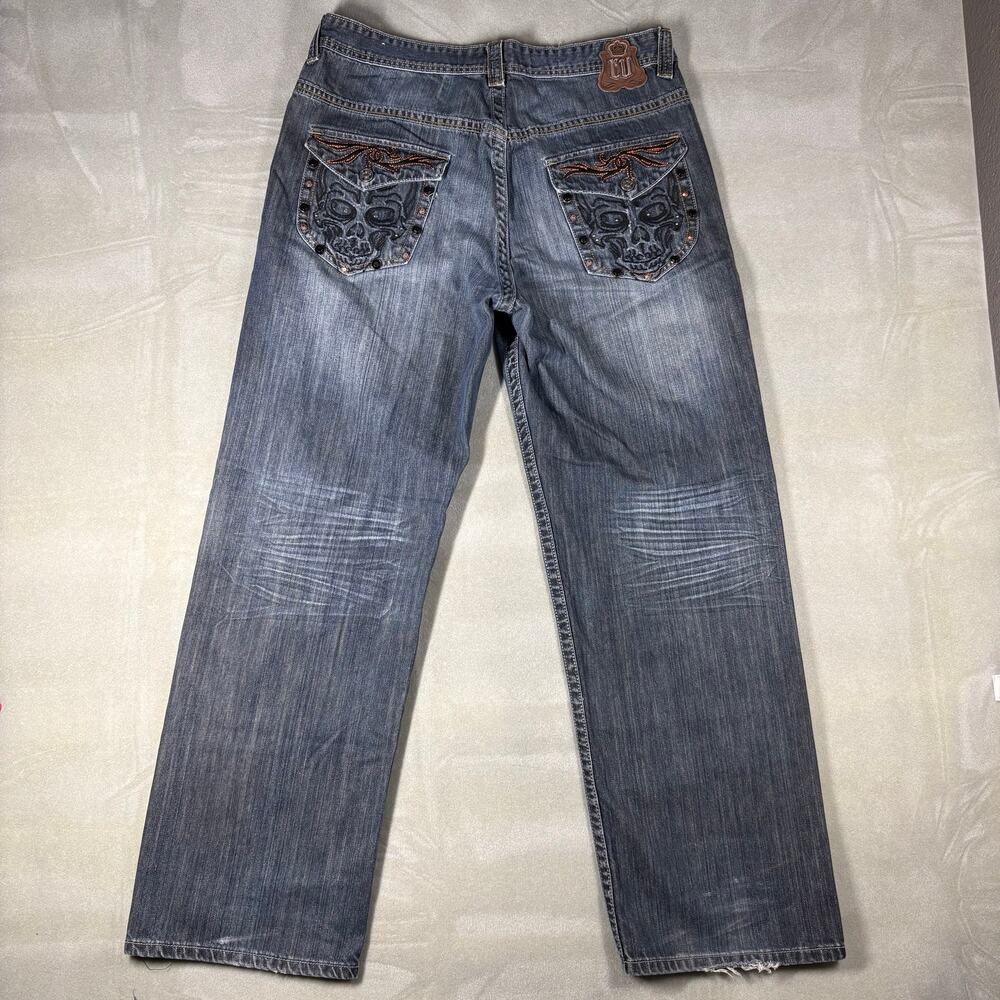 Ecko Unltd Mens Skull Pocket Jeans Size 36 Blue Straight Y2K Embroidered Denim